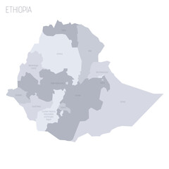 Ethiopia political map of administrative divisions - regions and chartered cities. Grey vector map with labels.