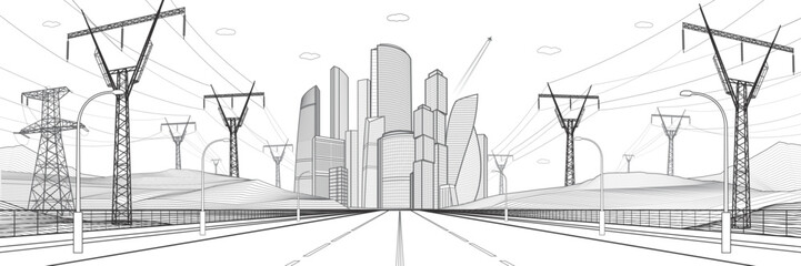 Large highway. Modern city illustration. High voltage transmission systems. Network of interconnected electrical. Mounrains and enegry pylons at white background. Gray outlines, vector design   - 557989422