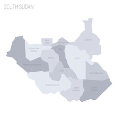 South Sudan political map of administrative divisions - states, administrative areas and area with special administrative status. Grey vector map with labels.