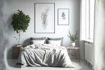 interior of a white bedroom. design from Scandinavia. Generative AI