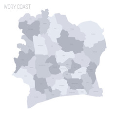 Ivory Coast political map of administrative divisions - regions and autonomous districts. Grey vector map with labels.