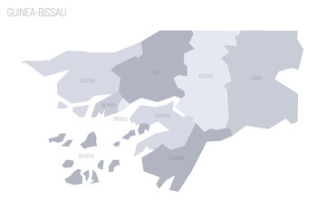 Guinea-Bissau political map of administrative divisions - regions and autonomous sector of Bissau. Grey vector map with labels.