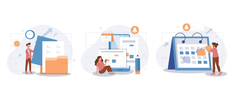Schedule management illustration set. Business and organization concept. Characters planning and organizing work tasks, making calendar appointments and to do list. Vector illustration.