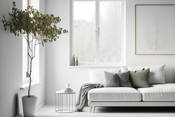 Interior of a white minimalist living room with a sofa on a wooden floor, decorations on a big wall, and a white landscape outside the window. Nordic interior design. Generative AI