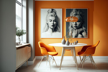 Scandinavian inspired interior design of a contemporary dining room with orange furnishings and a wooden table,. Generative AI