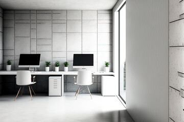 Office interior in white brick with a concrete floor, a section of blank wall, and a row of computer desks along the wall. an angle. a mockup. Generative AI