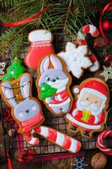 Christmas Gingerbread Cookies on Wooden Background, Holiday Treats