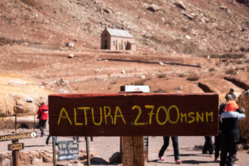2,700-meter-high sign at the Puente del Inca natural monument in the department of Las Heras, on...