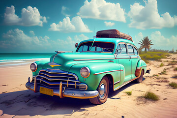 
Bright design in the spirit of 80-90 years. Turquoise retro car illustration in vintage style on the background of the ocean and palm trees. Gen Art