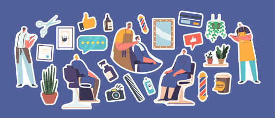 Set of Stickers Male Characters Visit Barbershop for Haircut. Hairdresser Barber, Client In Men Beauty Salon Patches
