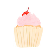 Valentine pink cupcake watercolor clip. Romantic Hand drawn watercolor illustration isolated on white background