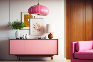 Modern living room with a wooden sideboard, an empty white wall, and copy space, and a retro pink ceiling lamp over it. Where to put your sofa. Generative AI