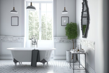 Mockup of a Scandinavian bathroom with a historical, traditional décor. empty works of art. Generative AI