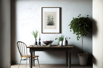 table for meals. excellent illustration Model of a blank wall. a rustic interior with flora from Scandinavia. Generative AI