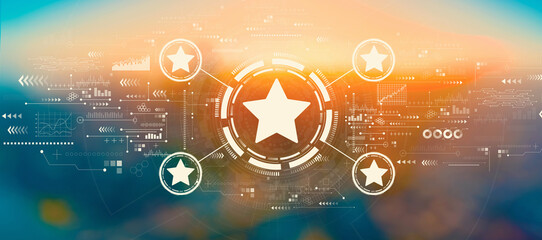 Rating star concept with blurred cityscape at sunset or sunrise