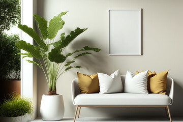 Modern living room decor includes a bench with soft seating, a tropical plant in a ceramic pot, and a mock up poster frame on a ginger colored wall. Template. interior design. Generative AI