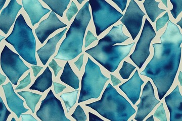 Seamless allover pattern in a moroccan-inspired geometric design, created by hand in turquoise watercolor. Generative AI