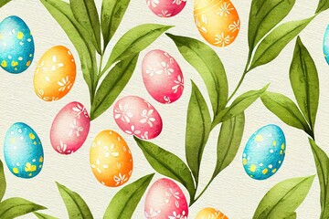Fototapeta na wymiar Print in watercolor depicting the Easter greeting. Eggs, flowers, leaves, and a bunny all hand-drawn for a sweet spring seamless design. Generative AI