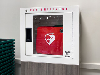 Automated External Defibrillator (AED) in a box on the wall in a public building. Emergency pacemaker device for people with cardiac arrest. - obrazy, fototapety, plakaty