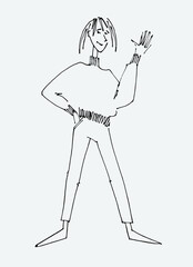 Figure of a young woman waving. line illustrations, Flat style, isolated vector element, hand lettering