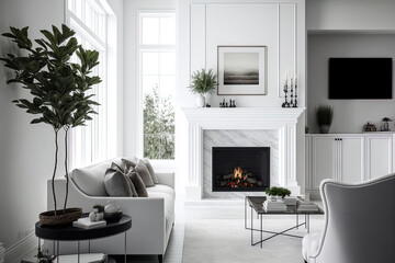 Beautiful white interior of a brand new luxury home, including the living room. a fireplace with flames. Generative AI