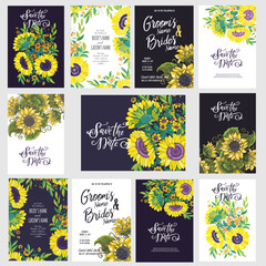 Set of Save the Date cards templates with sunflowers rustic theme