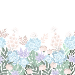 Fototapeta na wymiar Beautiful garden blossom flowers. Vector hand drawn illustrations. Seamless border pattern with floral theme