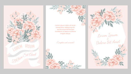 Set of save the date, anniversary, birthday cards with vector illustrations of pink flowers compositions