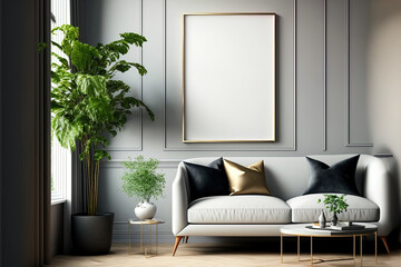 living room background with mock up poster frame in contemporary interior design,. Generative AI