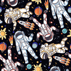Astronauts in open space with planets and space ship. Seamless pattern with vector hand drawn illustrations with cosmos theme