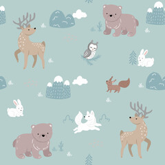 Deer, bear, polar fox, hare, owl, squirrel. Seamless pattern with hand drawn illustrations with Northern animals theme
