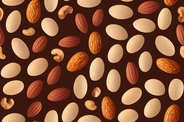Obraz premium Uniformly textured background with a nut motif and thin-line icons. Almonds, cashews, peanuts, walnuts, and pistachios. Generative AI