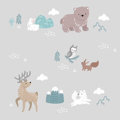 Forest animals- reindeer, bear, fox, owl, hare, squirrel with trees and mountains. Seamless pattern with hand drawn vector illustrations
