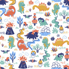 Dinosaurs in prehistoric world. Seamless pattern with vector hand drawn illustrations
