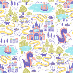 Castle, dragon, magic forest. Seamless pattern with vector hand drawn illustrations with princess fairy tail theme
