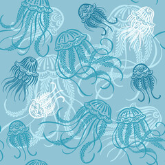 Ornamental jellyfishes, seamless pattern with vector hand drawn illustrations
