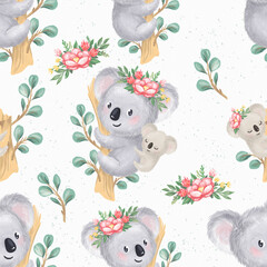 Cute cartoon koala mom with sleeping baby on her back. Seamless pattern with hand drawn digital illustrations of Australian animals
