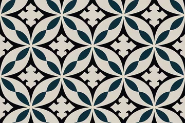 Foto auf Acrylglas A floral damask pattern is repeated in a seamless manner over patterned azulejo floor tiles. Generative AI © MUNUGet Ewa