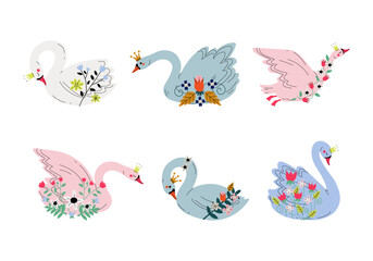 Set of beautiful swan princesses with white, pink and blue plumage, golden crown and flowers cartoon vector illustration