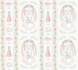 Cute stuffed toy - rabbit girl. Seamless pattern with digital hand drawn illustrations
