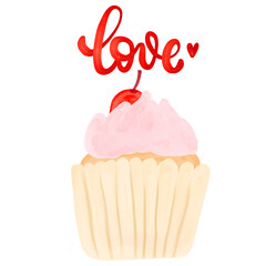 Cupcake with cherry. Be mine phrase. Valentine watercolor. Hand drawn watercolor illustration isolated on white background