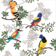 Bright beautiful birds on the tree branches. Seamless pattern with digital hand drawn illustrations