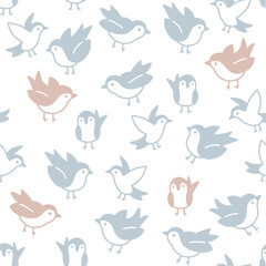 Cute birds. Vector seamless pattern with hand drawn illustrations