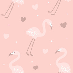Cute flamingos and hearts. Vector seamless pattern with handdrawn illustrations
