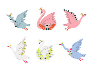 Set of beautiful swan princesses with golden crown and flowers cartoon vector illustration