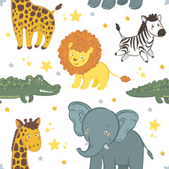 Elephant, lion, croco, zebra. Cute animal vector illustrations. Seamless pattern with african fauna theme