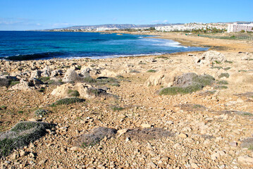 Fototapeta na wymiar Blue sea and beach in Cyprus
