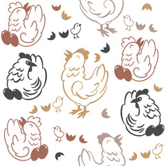 Fototapeta na wymiar Hens, chickens and eggs. Vector seamless pattern with hand drawn illustrations 
