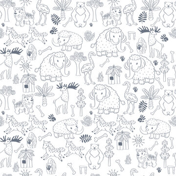Funny ancient animals - mammonth, emu, bear, tiger, deer, horse, rhino. Seamless pattern with vector hand drawn. outline illustrations with stone age theme
