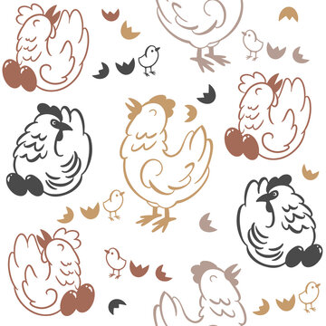 Hens, chickens and eggs. Vector seamless pattern with hand drawn illustrations
